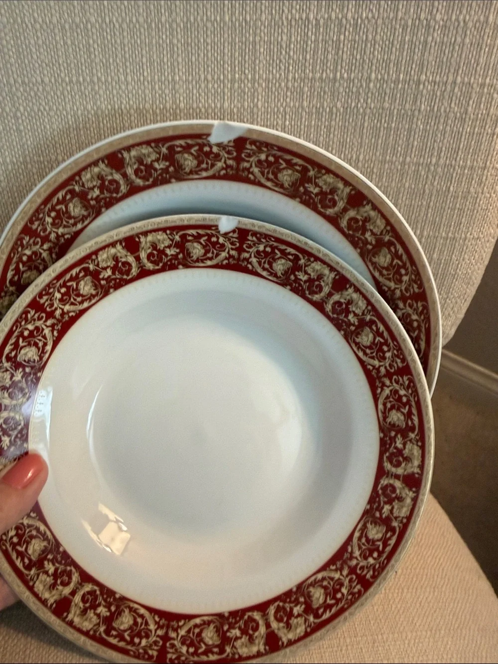 Elegant White Porcelain Soup Bowls with Red and Gold Border - Set of 6